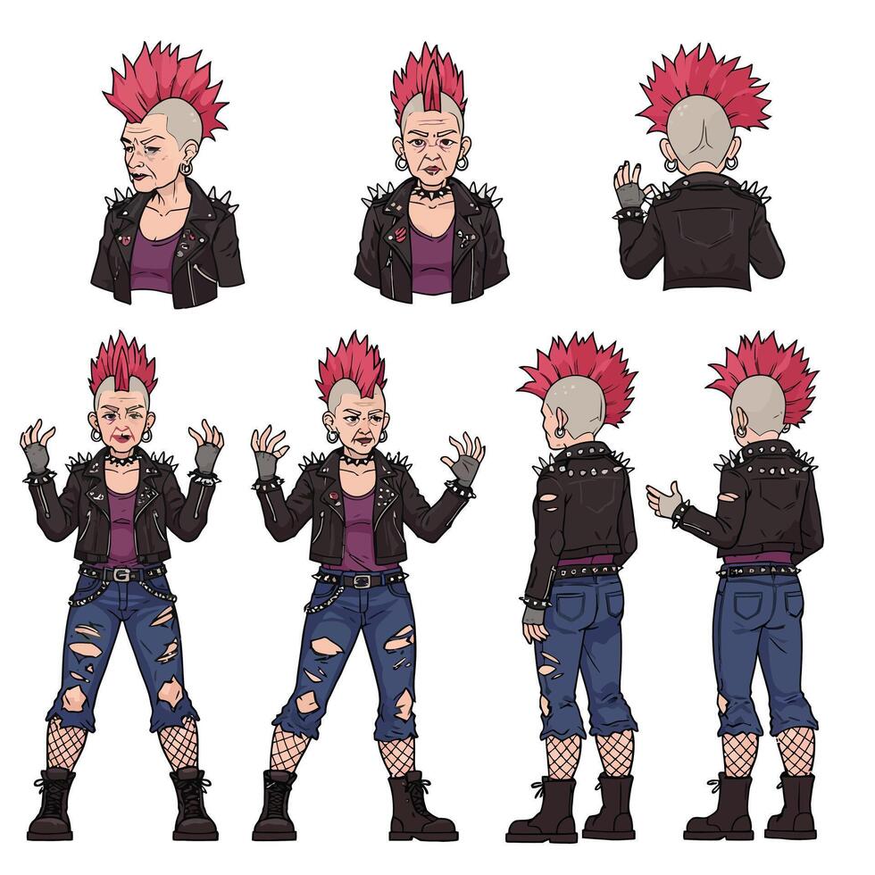 Punk character design showcasing different poses in detailed art vector