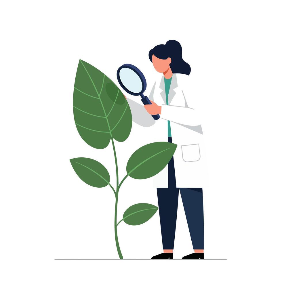 Scientist examining large green leaf with magnifying glass in flat art vector