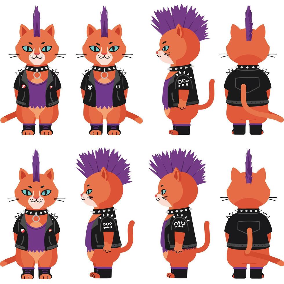 Punk cat character design in flat style showcasing various poses and expressions art vector