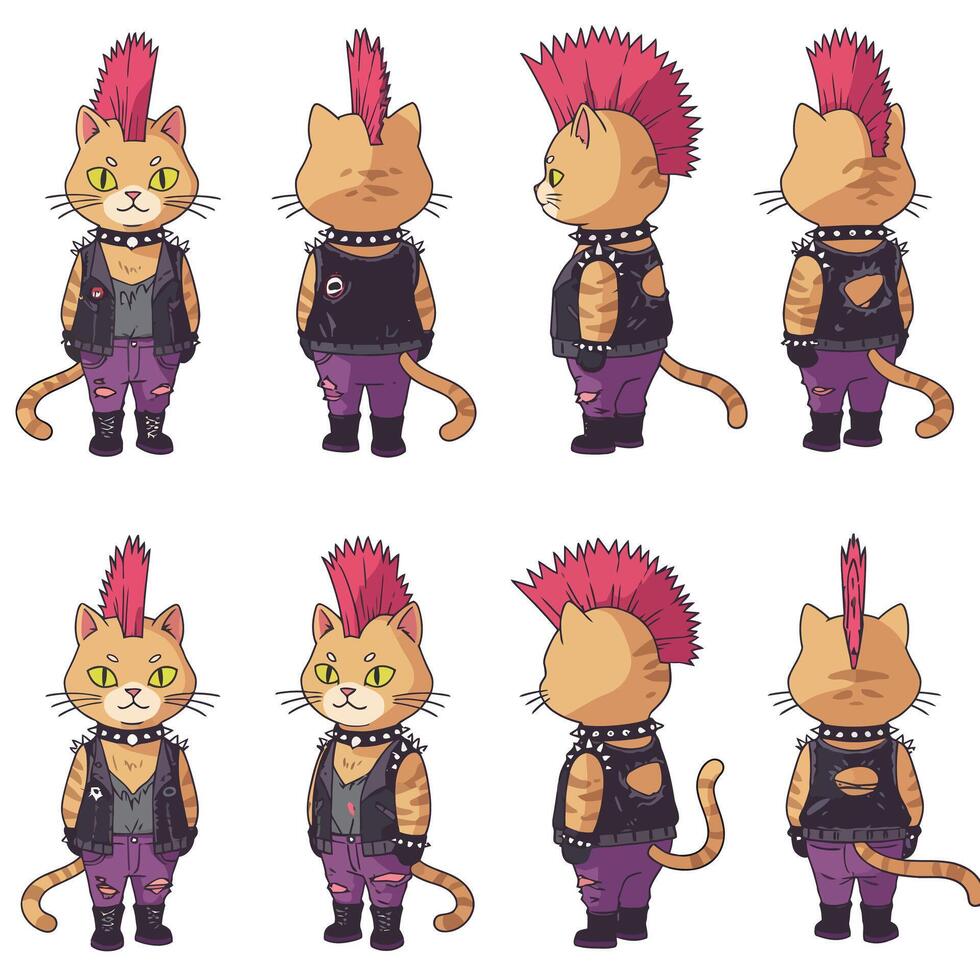 Cat character transformation with punk style in flat art vector