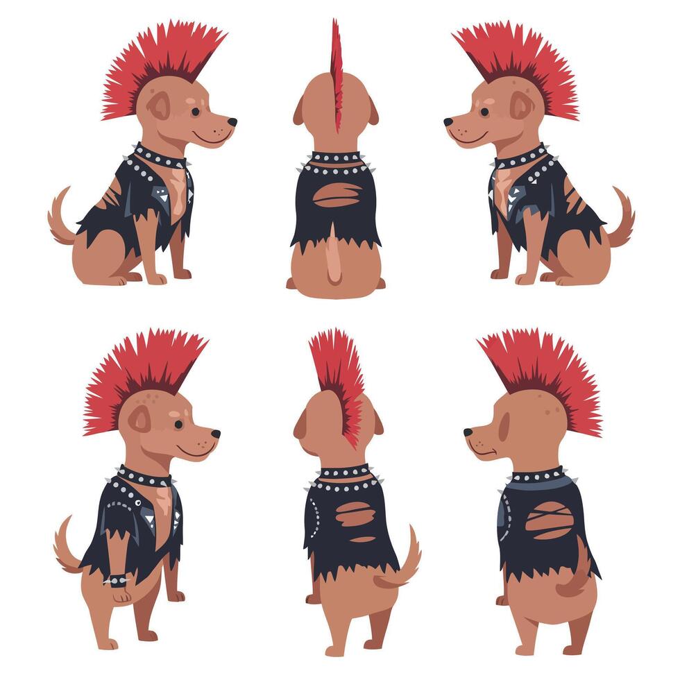 Punk styled dog character in multiple poses, flat illustration vector