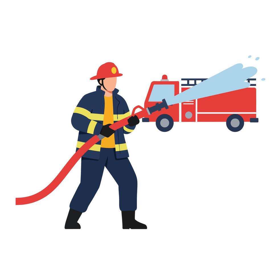 Firefighter in action with hose and fire truck in flat art vector