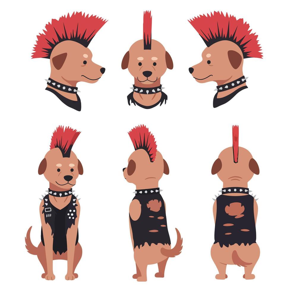 Punk dog character design in detailed flat style featuring multiple angles illustration vector