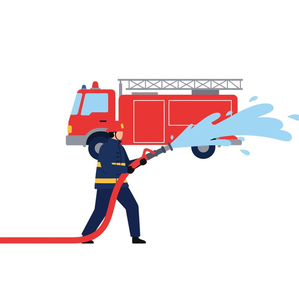 Firefighter spraying water from hose with fire truck in flat art vector