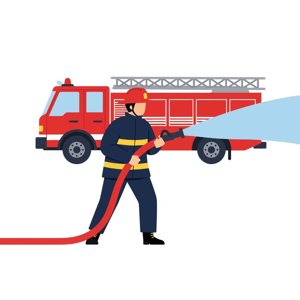 Firefighter using hose in action with fire truck detailed illustration vector