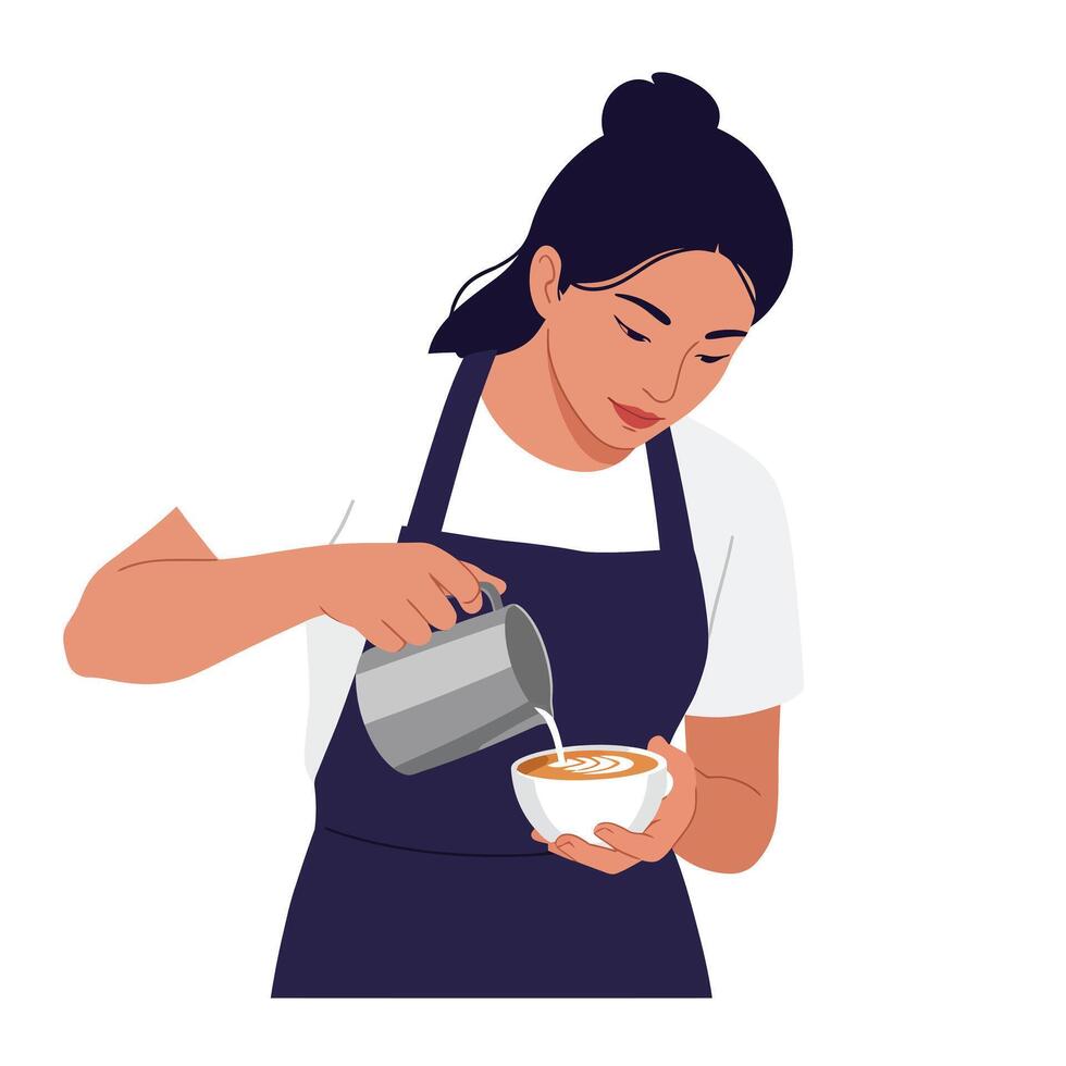 Woman pouring milk into bowl with latte art in minimal illustration vector