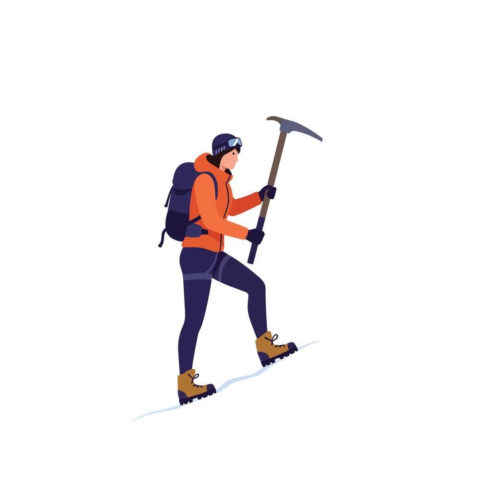 Climber ascending snowy slope in flat design illustration vector