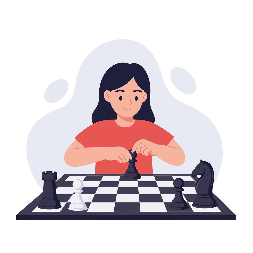 Young girl concentrating on chess game in minimal flat design illustration vector