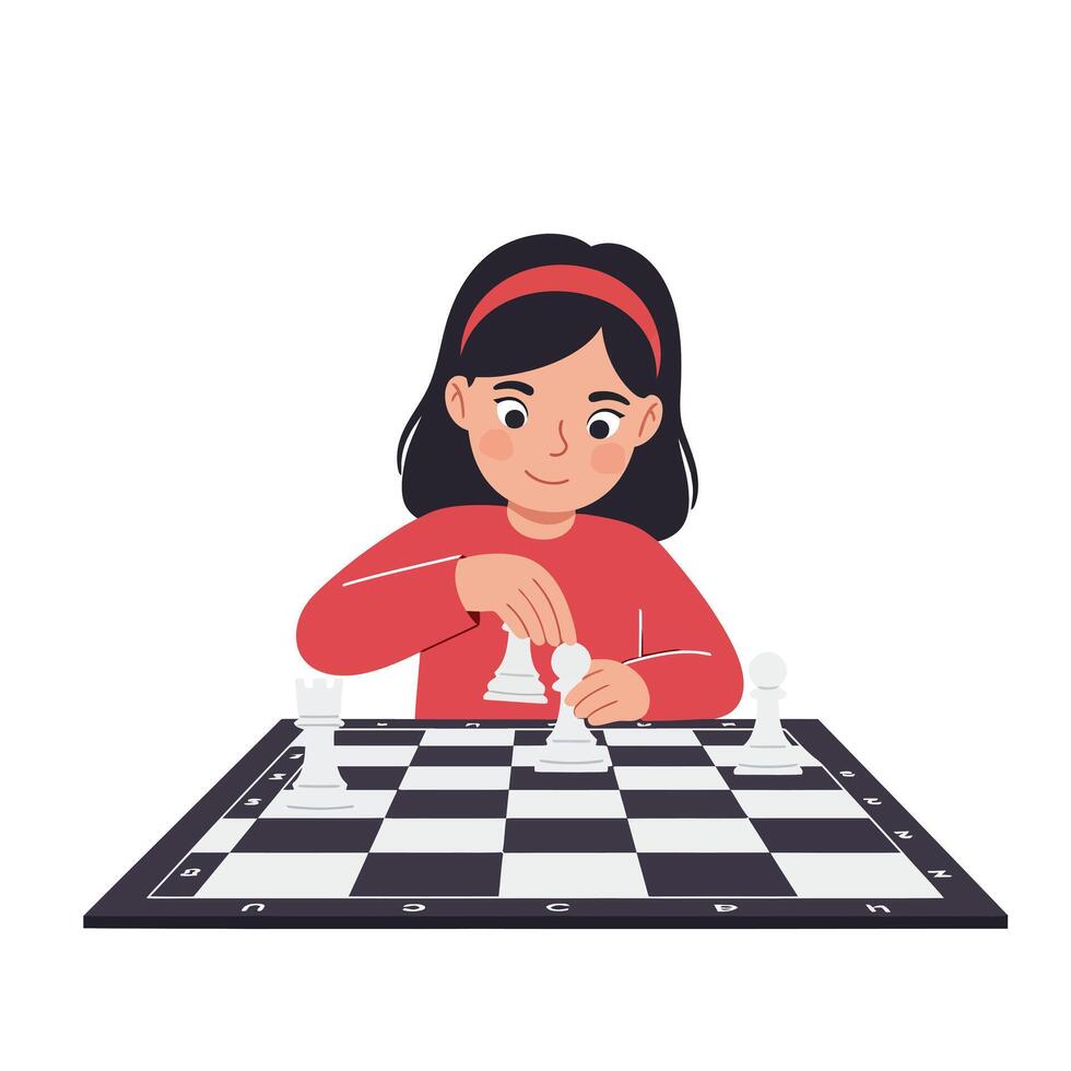 Young girl playing chess in minimal style illustration vector