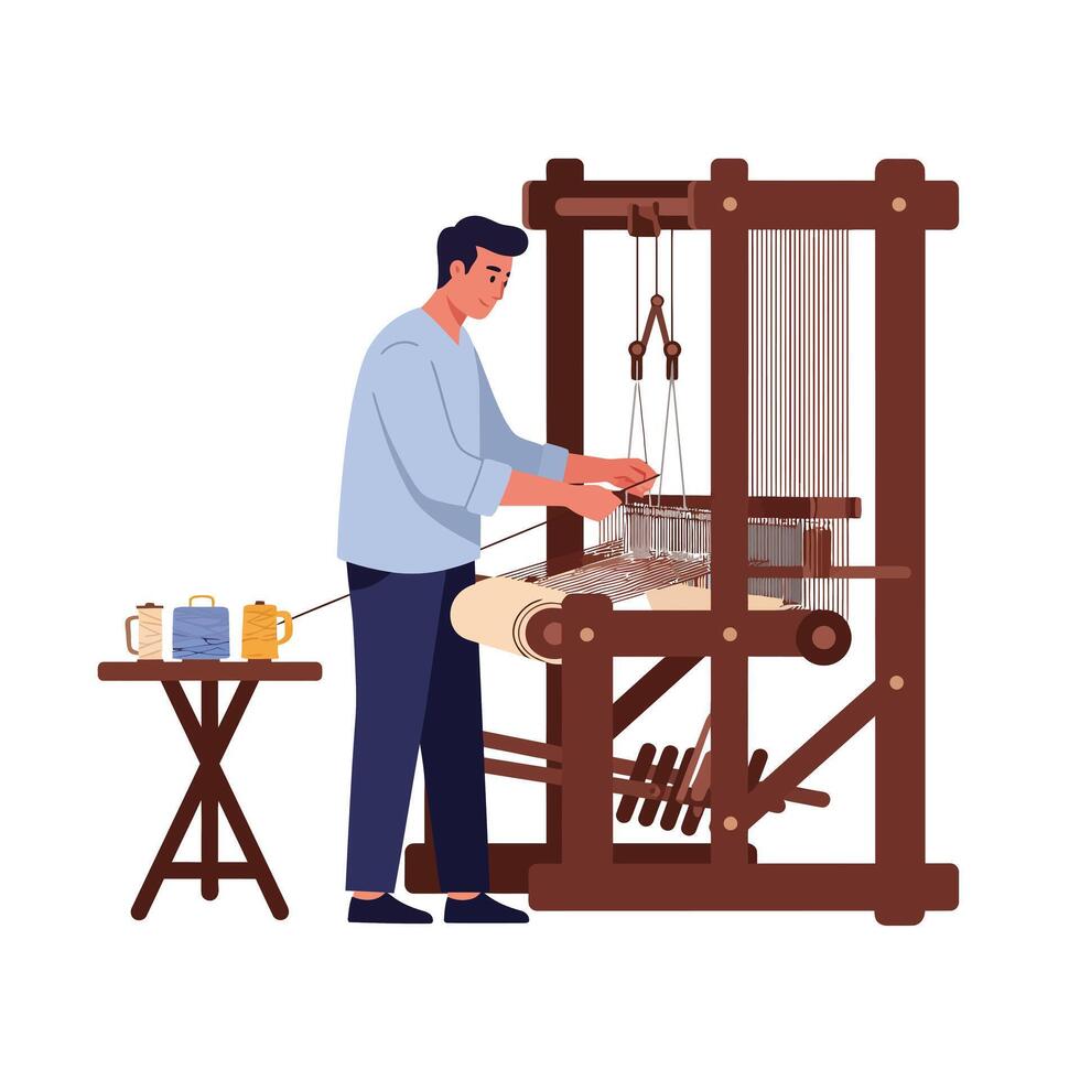Weaver operating a traditional loom in flat design illustration vector