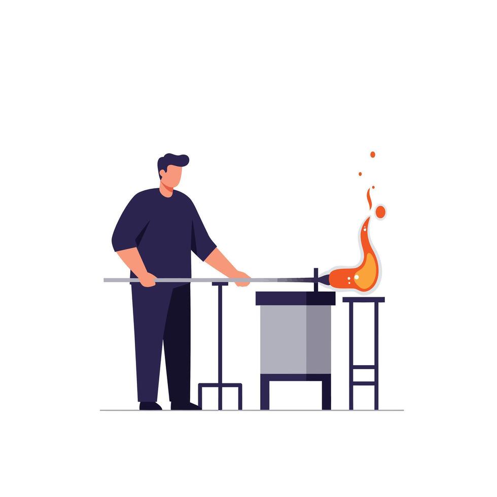 Glassblowing process illustrated with detailed flat design art vector
