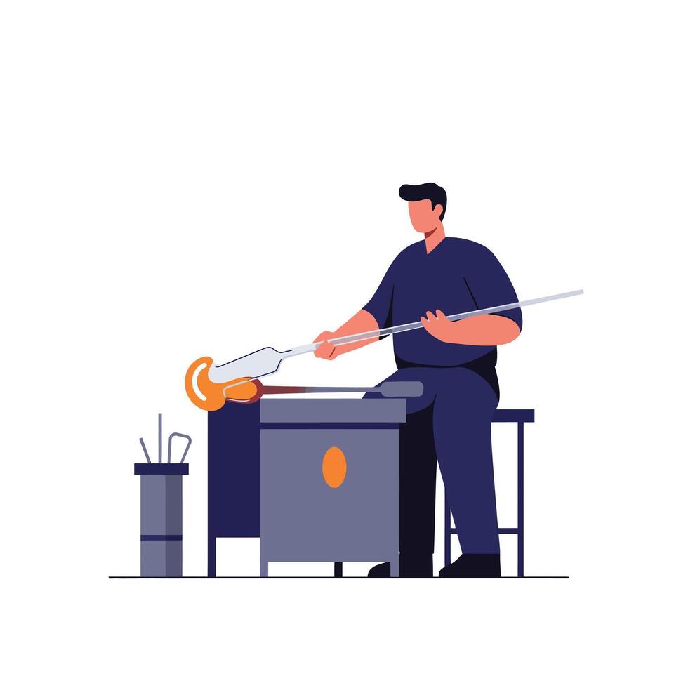 Glassblower shaping molten glass with tools in flat design art vector
