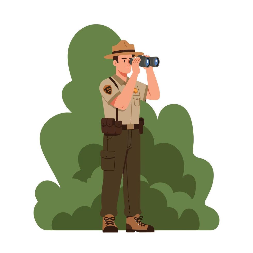 Park ranger observing wildlife with binoculars in a flat illustration vector