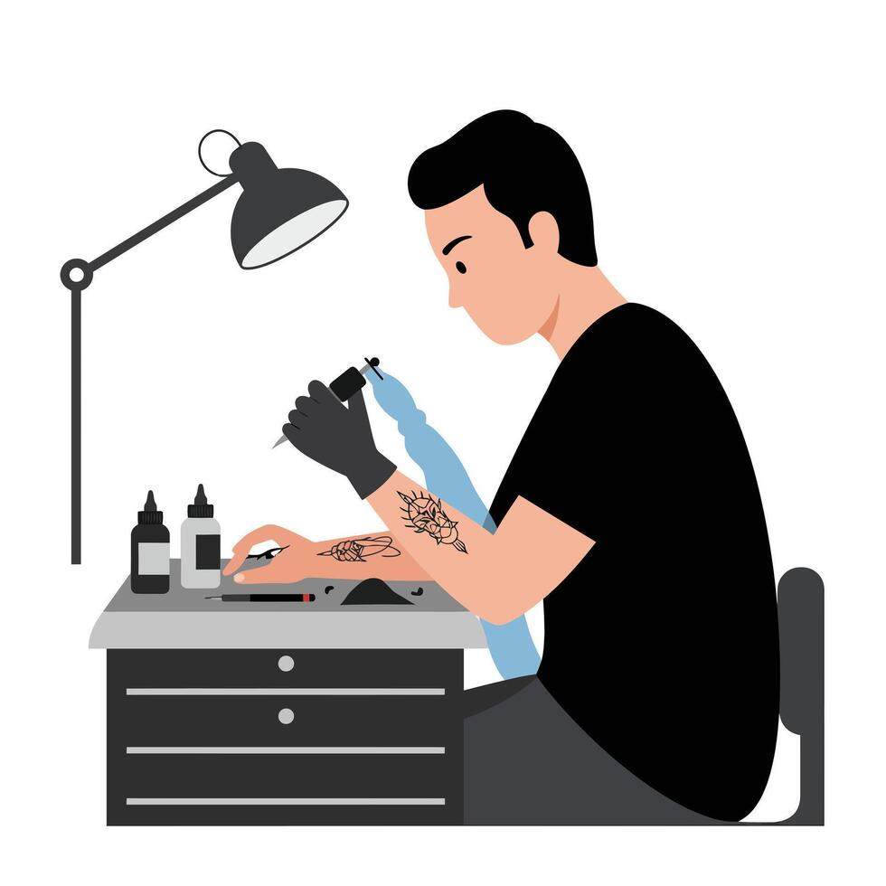Tattoo artist creating intricate designs in flat style art qdwd vector