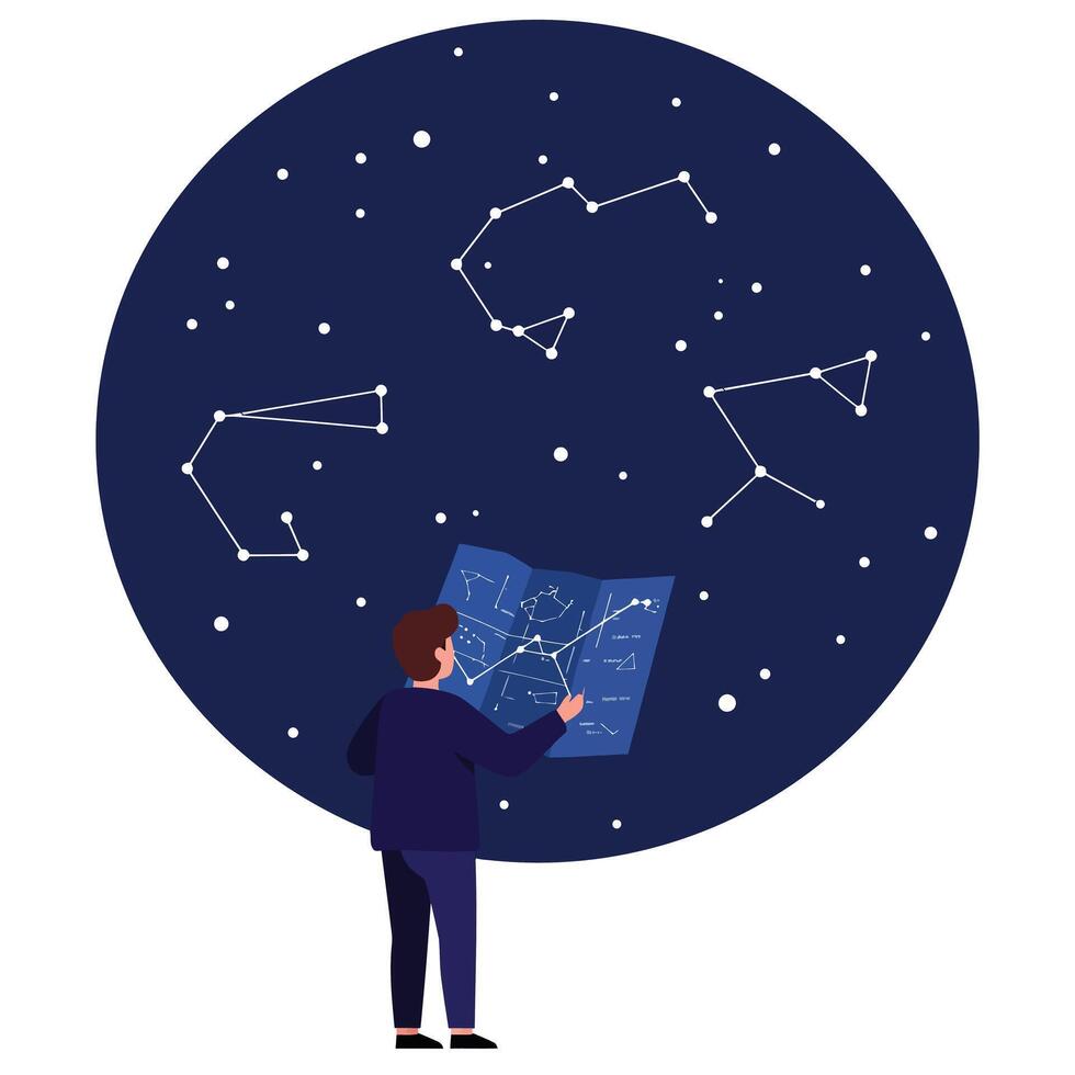 Person exploring constellations in deep blue sky flat art vector