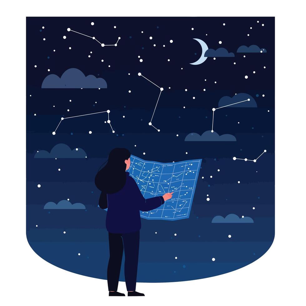 Person gazing at the night sky with map in flat illustration vector
