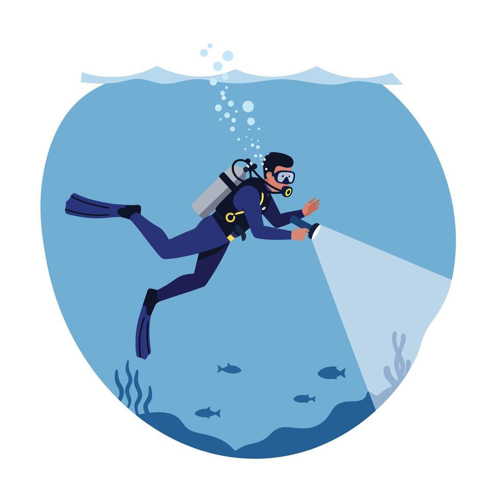 Scuba diver exploring underwater world with flashlight in flat art vector