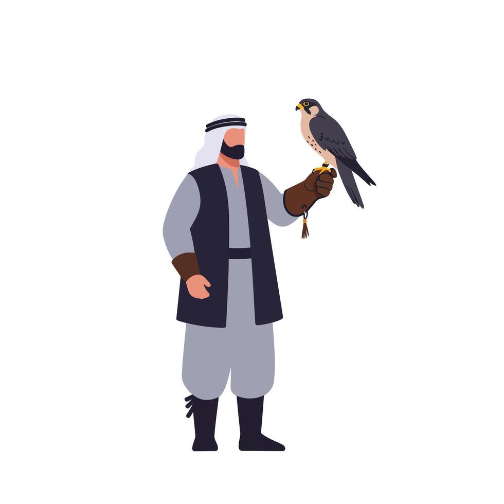 Falconry scene featuring a man in traditional attire with a falcon in flat art deqdq vector