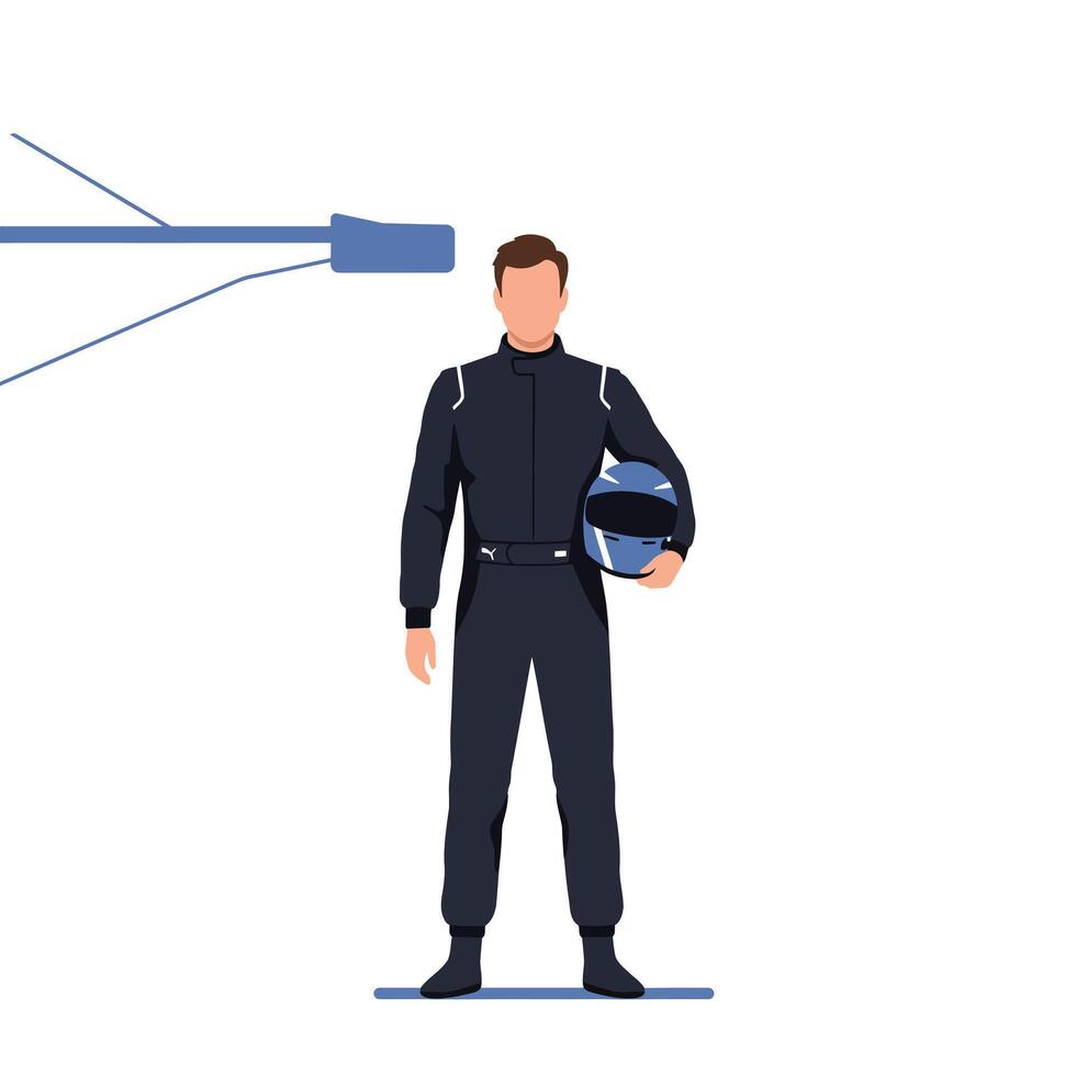 Racer in racing suit holding helmet in flat illustration vector