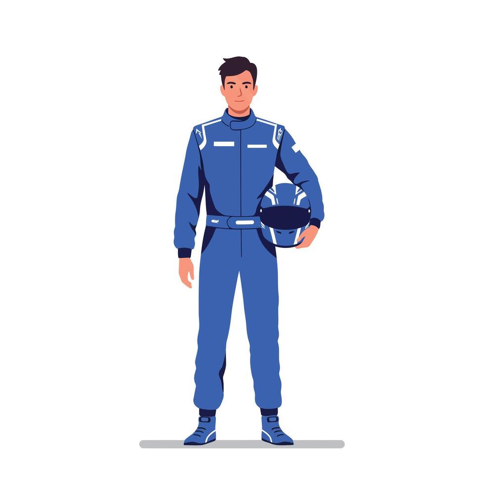 Racing driver in blue suit holding helmet in flat art vector