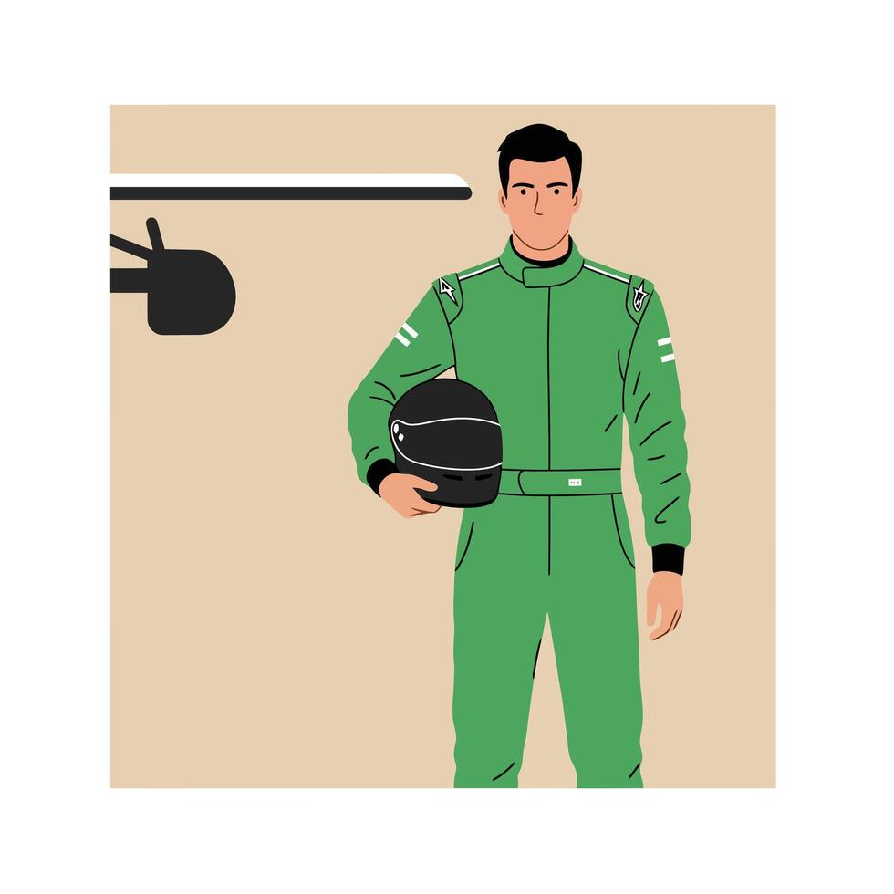 Racing driver in green jumpsuit holding helmet in minimal illustration vector