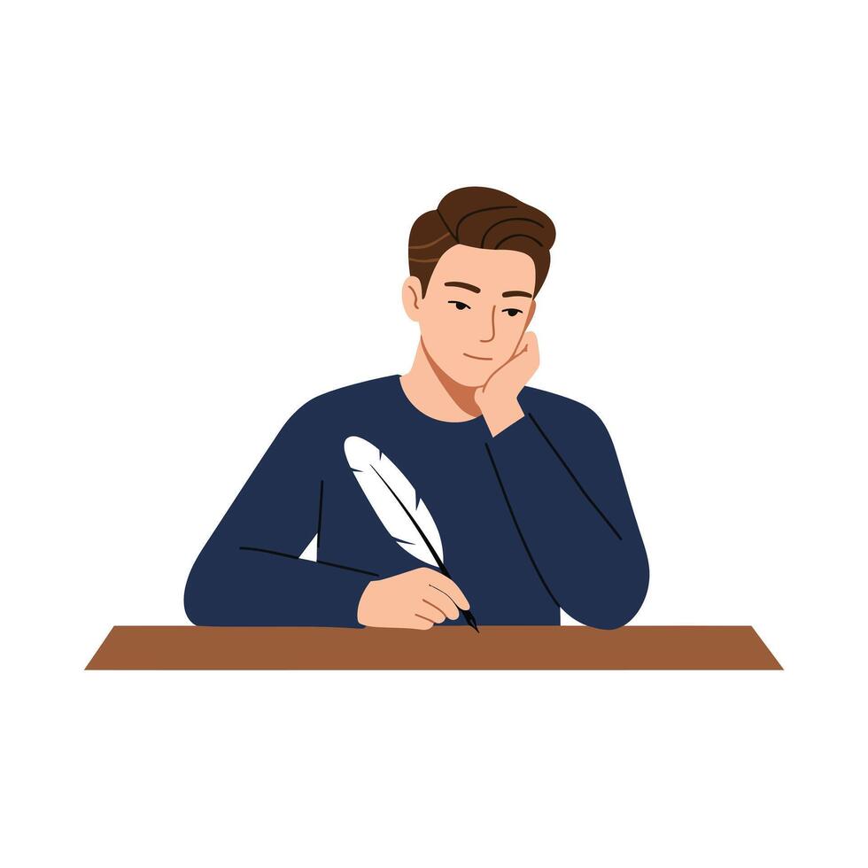 Thoughtful young man sitting at desk with quill pen in flat art vector