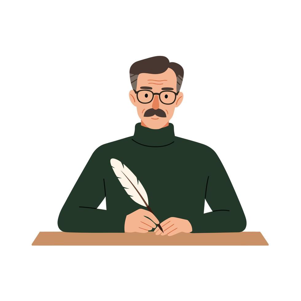 Writer with Quill in Hand Sitting at Desk Flat Illustration vector