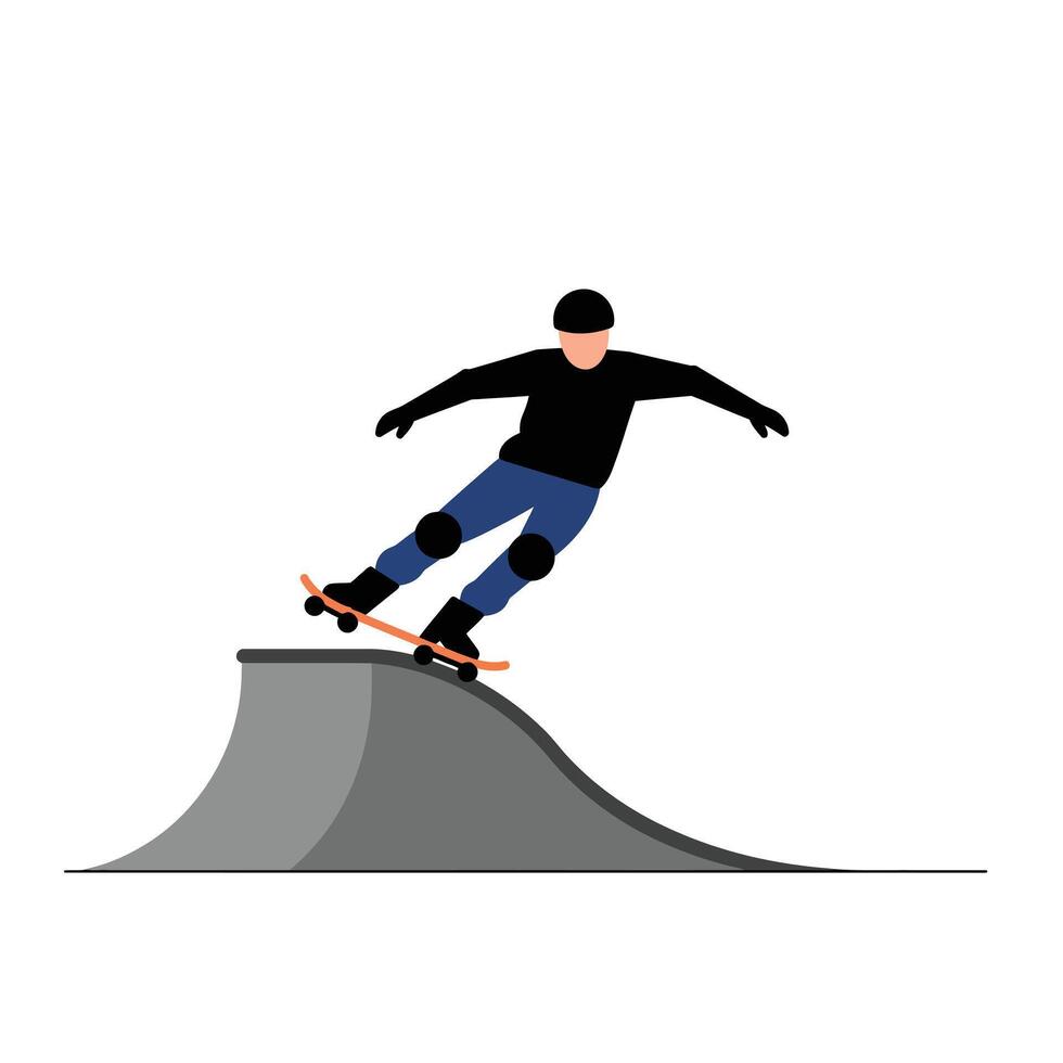 Skateboarder performing tricks on a half pipe in minimal flat art vector
