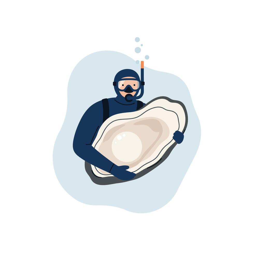 Snorkeler holding a large oyster in a flat art style vector