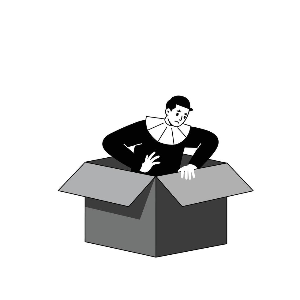 Person emerging from a box in flat black and white illustration vector