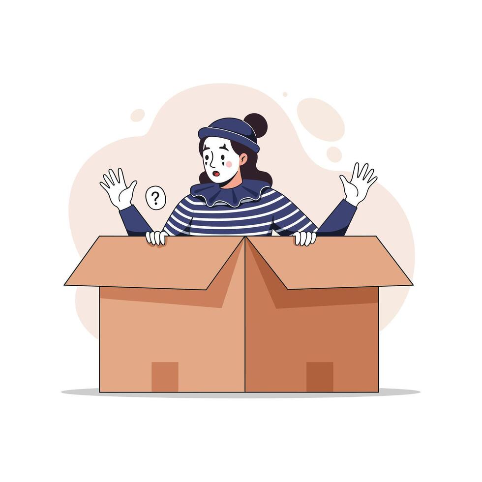 Surprised mime character emerging from a box in flat art style illustration vector