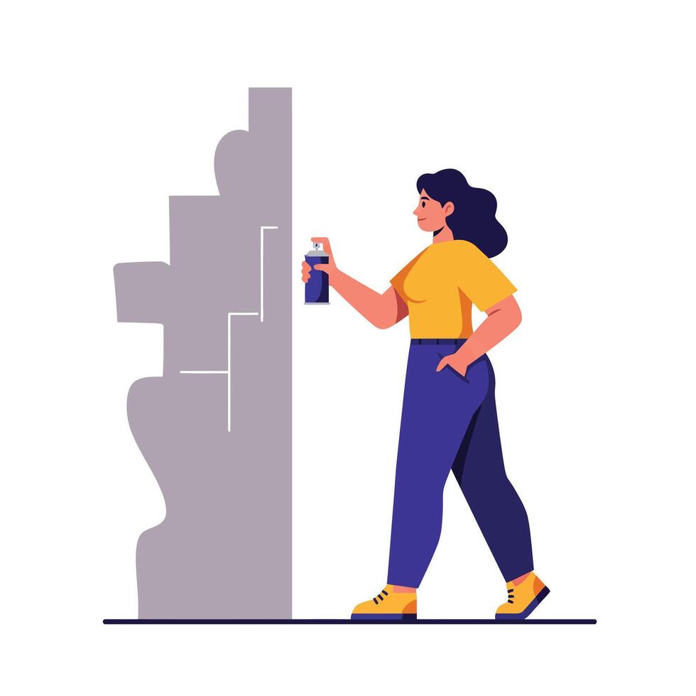 Woman using spray paint on a wall in a minimal flat illustration vector