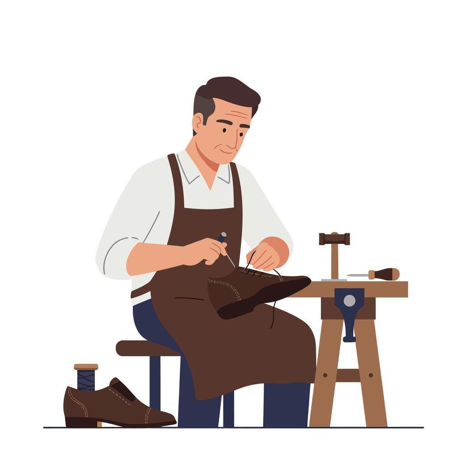 Shoe repair craftsman focused on detailed work in flat art vector