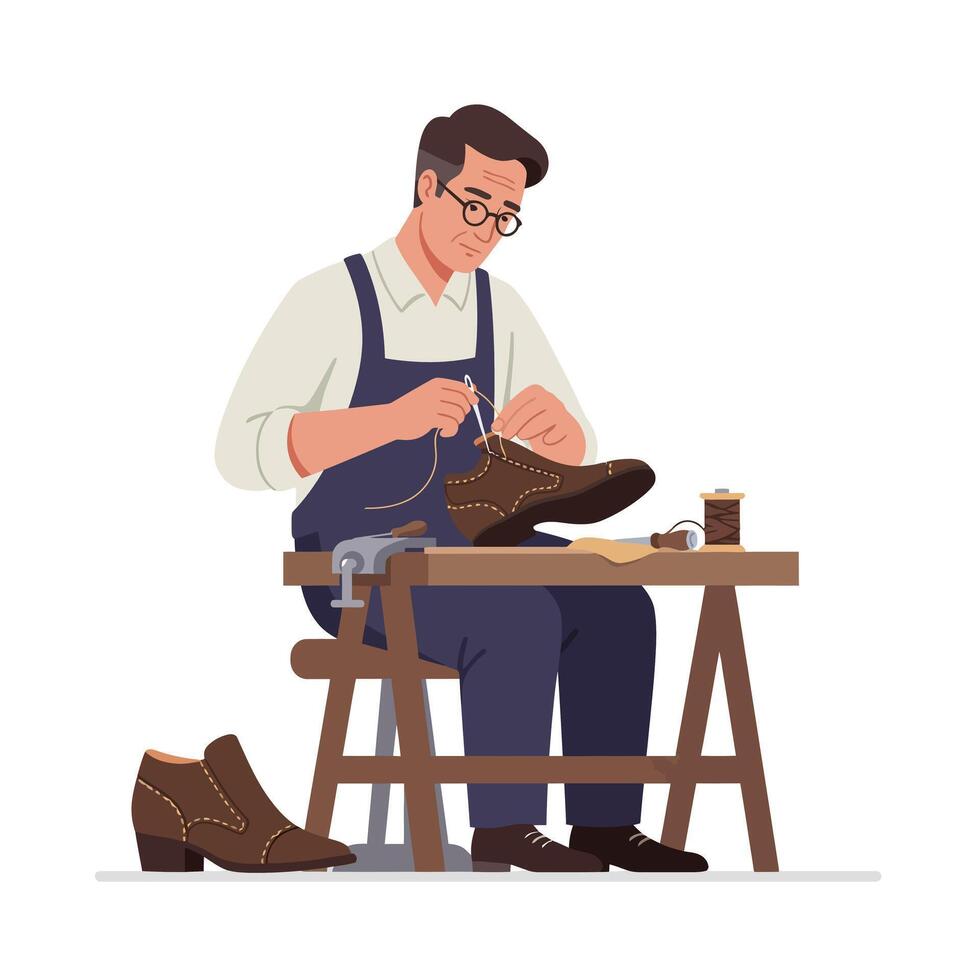 Skilled cobbler repairing shoes in a flat and detailed illustration vector