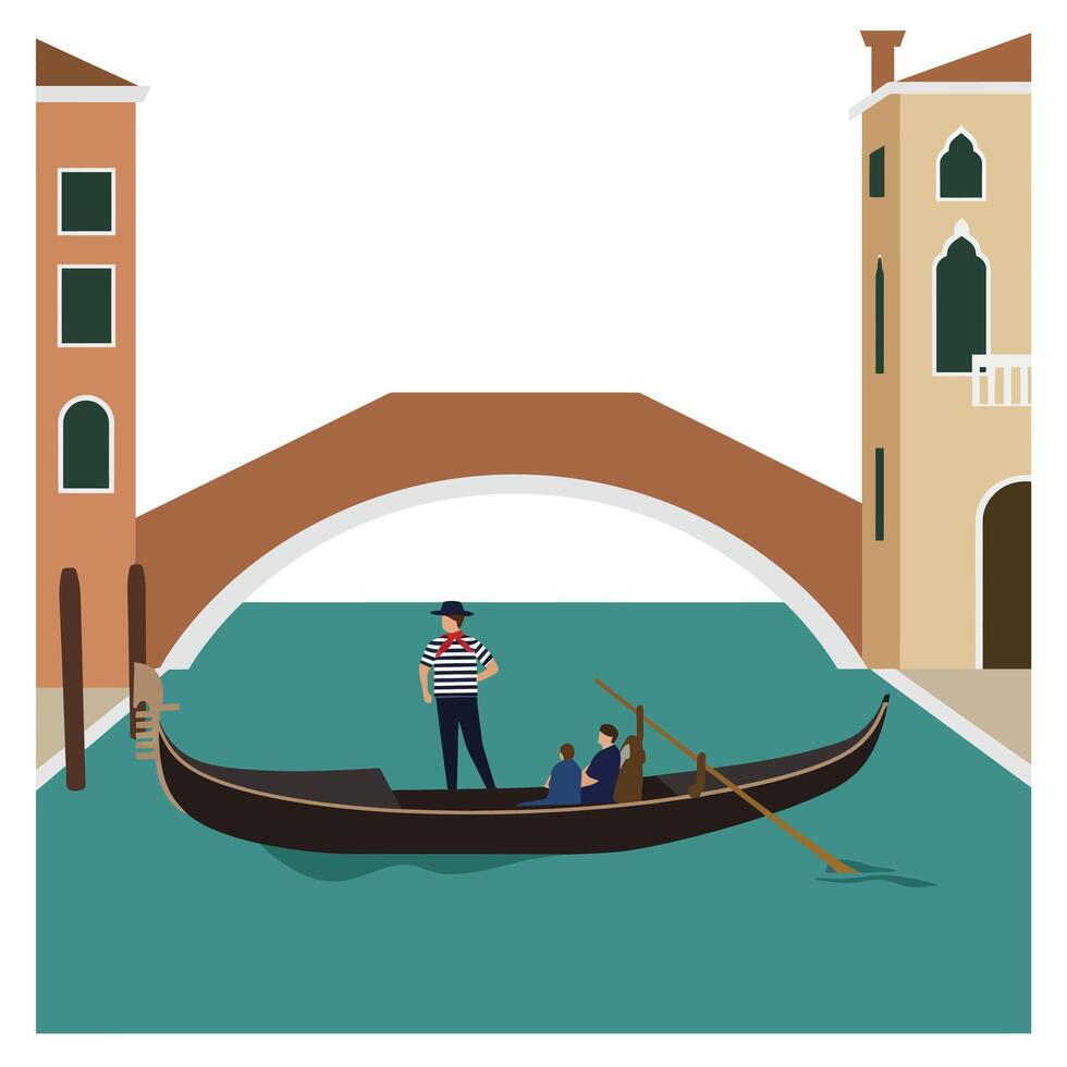 Gondolier navigating through narrow canal in flat art style sda vector