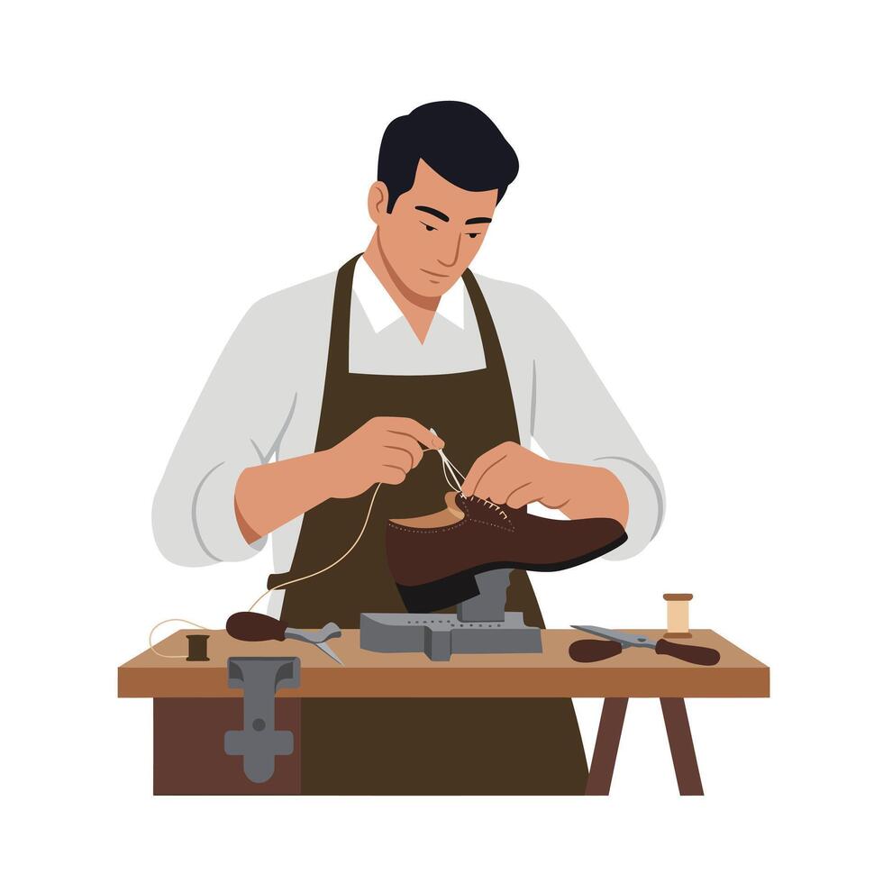 Shoe cobbler at work in detailed flat art showcasing craftsmanship and tools vector