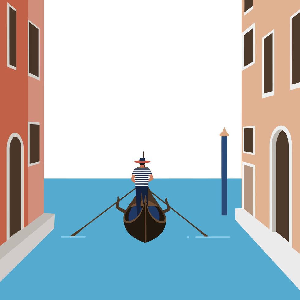 Gondolier navigating through narrow canal in flat art style vector
