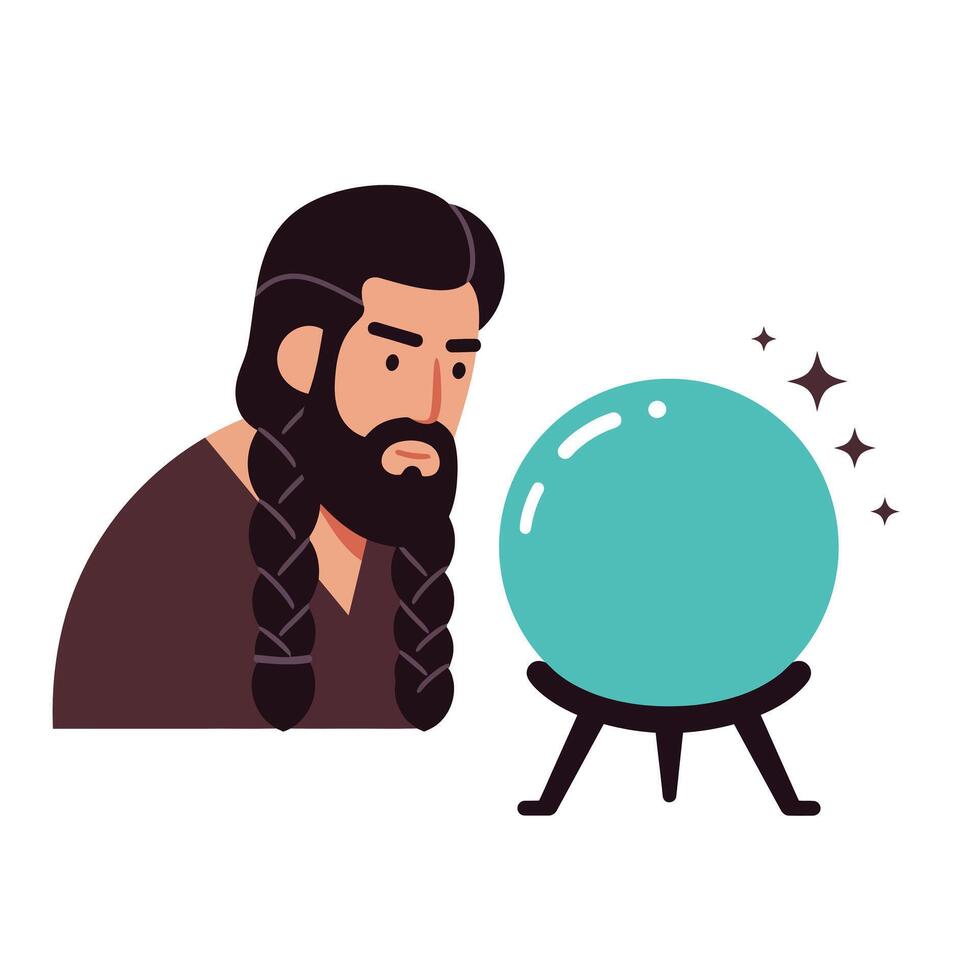 Man with braided hair gazing at a crystal ball in flat art vector