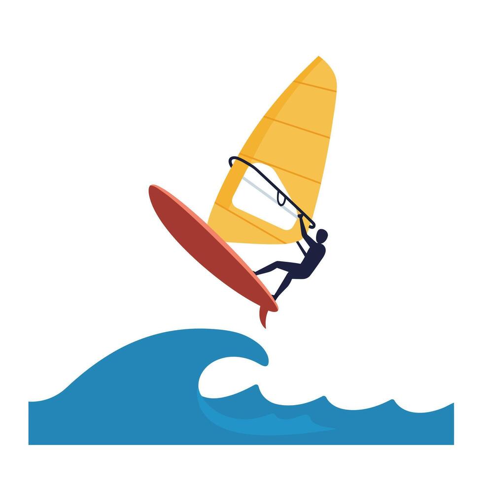 Windsurfing athlete performing a jump over ocean waves in flat art vector