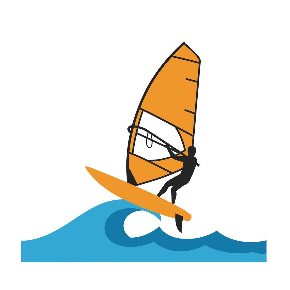 Windsurfer performing a dynamic jump on waves in flat art vector