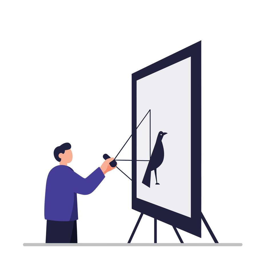 Artist creating a bird illustration on canvas in minimal art vector