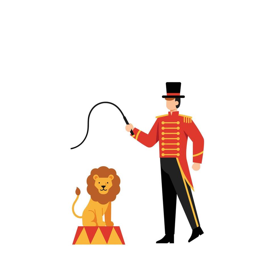 Lion trainer in circus outfit performing with lion in flat art vector