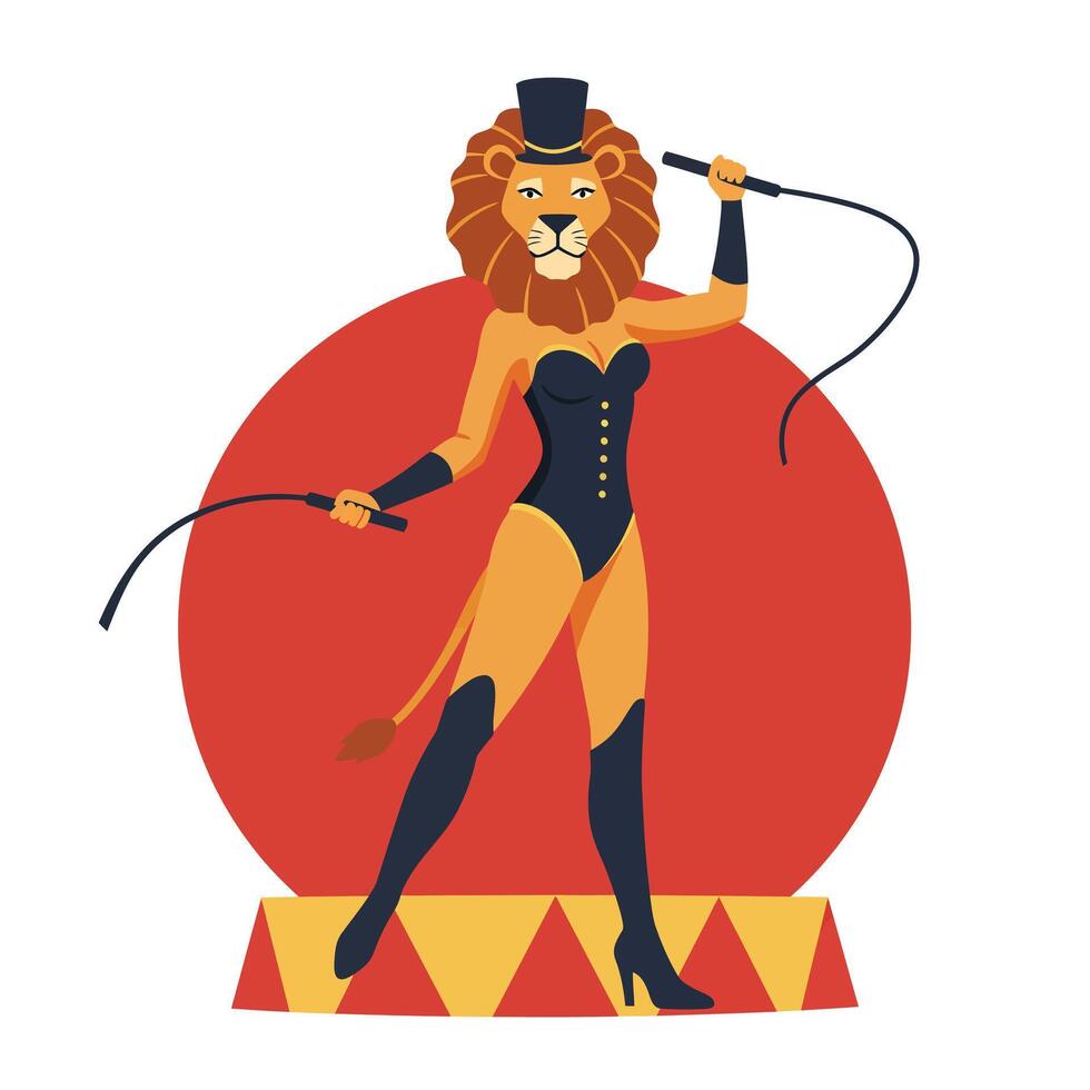 Lion character performing circus act in flat art style with vibrant colors vector