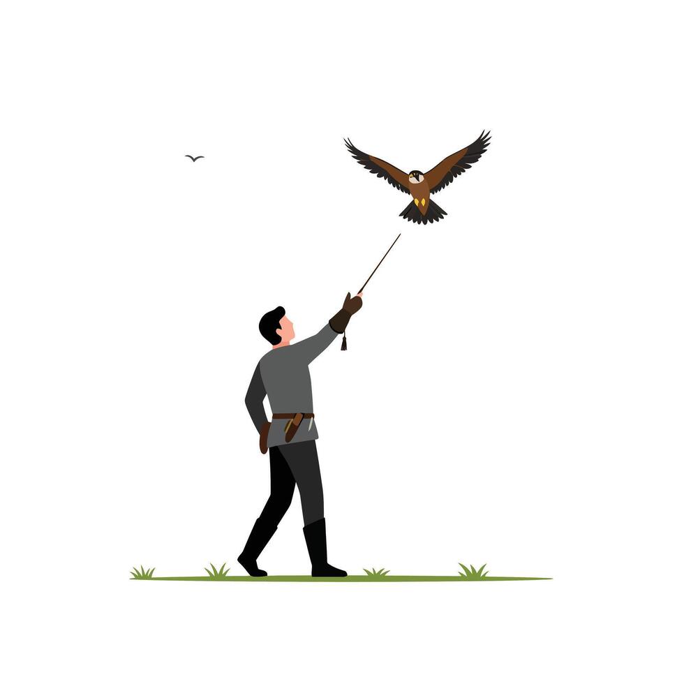 Falconer training a bird in flat minimal illustration style vector
