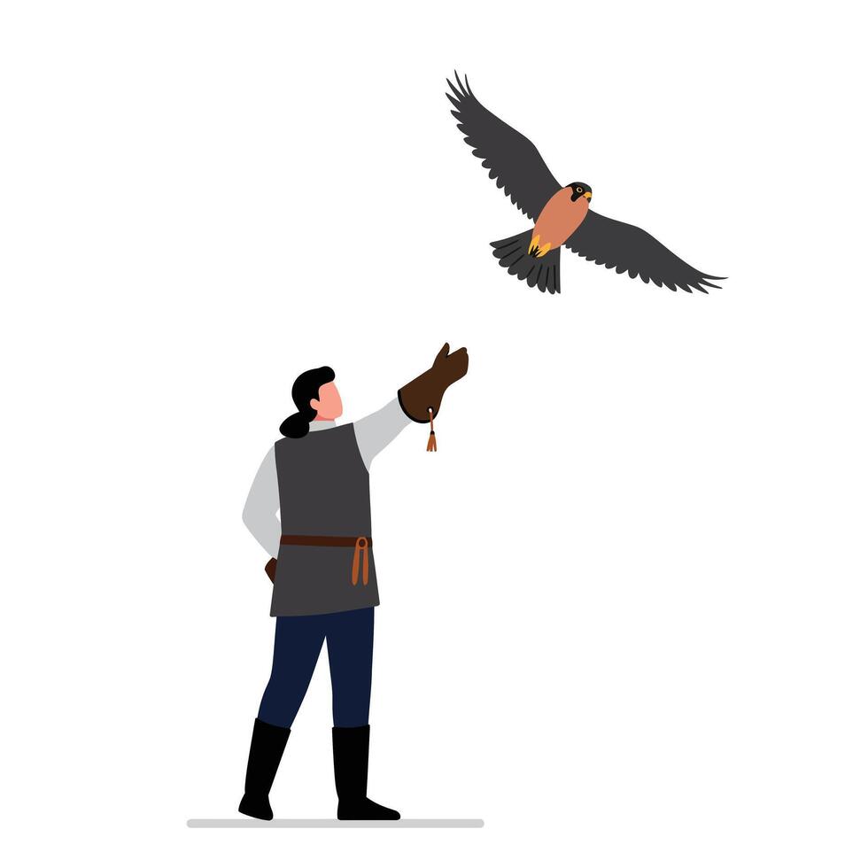 Man in gray attire releasing a falcon in a minimal style art vector