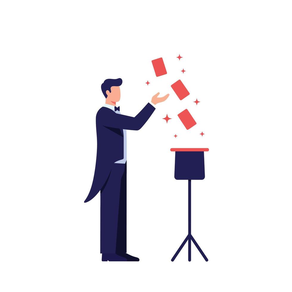 Magician performing a card trick with flat design style art vector