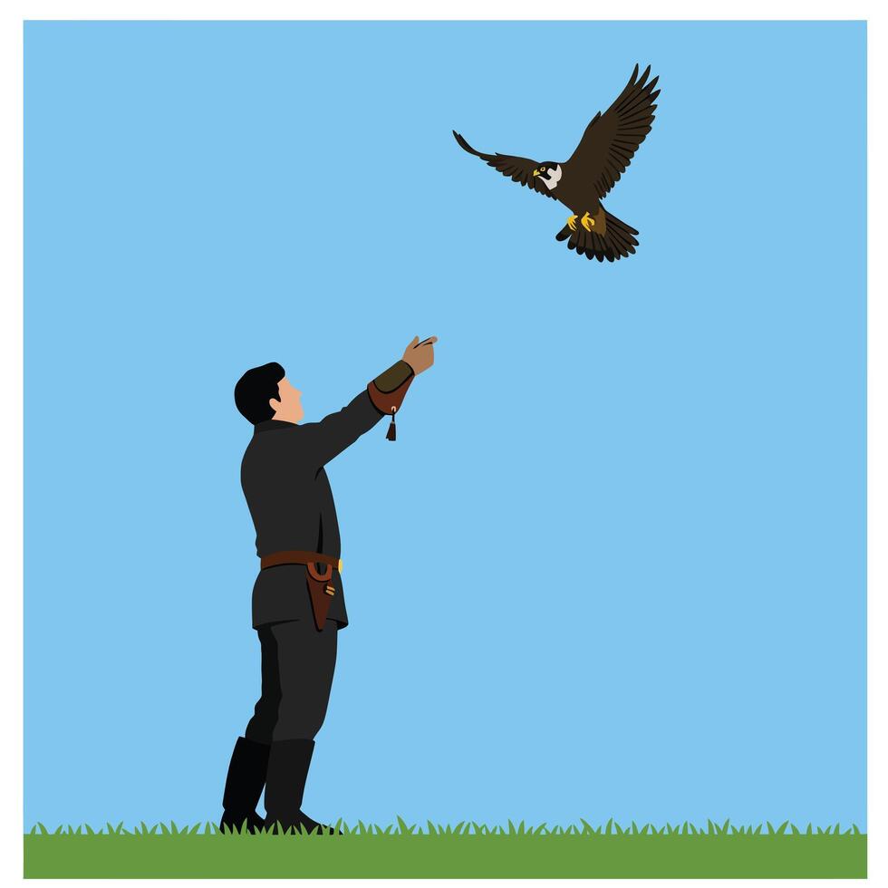 Falconer in flat design releasing a bird in blue sky art vector