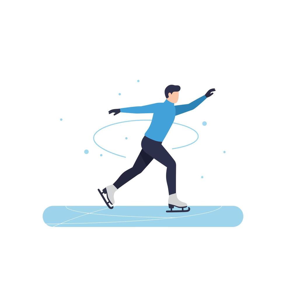 Male ice skater performing a spin in flat minimal illustration vector