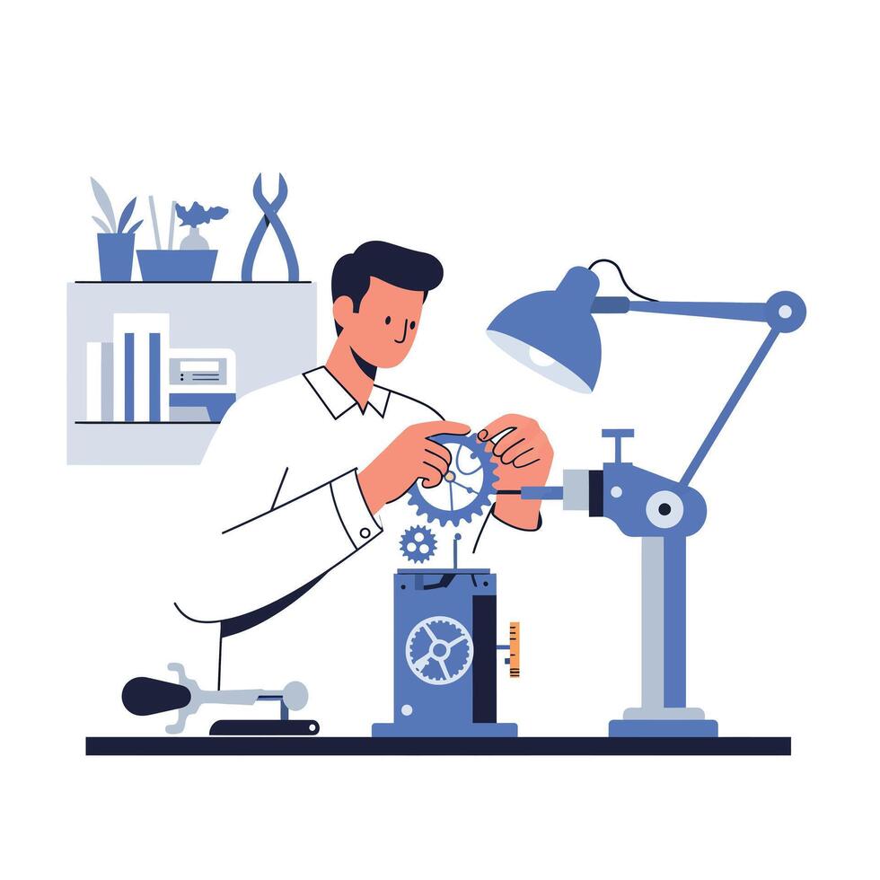 Mechanic assembling gears in a workshop with minimal design illustration vector