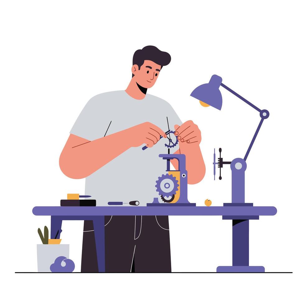 Man working on mechanical device in a detailed flat art illustration vector